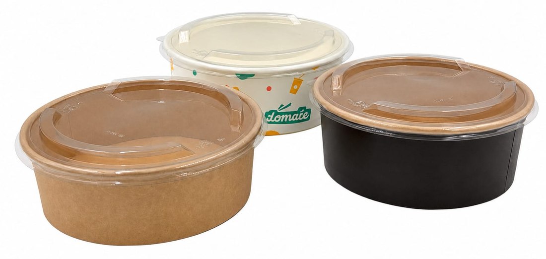 Kraft, black and printed paper salad bowls with clear PET lids